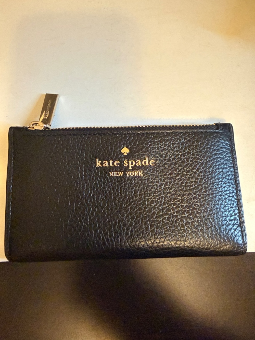 kate spade Black Pebbled Leather Zip Card Wallet with Gold Logo